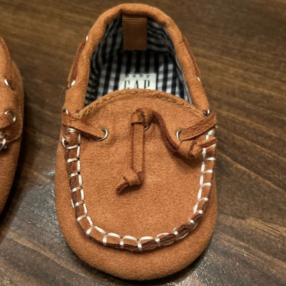 Baby Gap Moccasin Shoes Baby 6-12m Brown Excellent Faux Suede Gingham Preppy - Picture 3 of 7